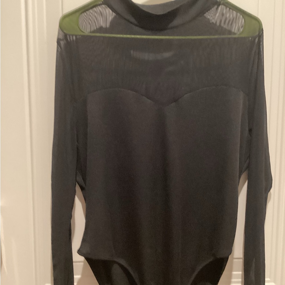Long-Sleeve Black Sheer-Panel Bodysuit with Mock Neck